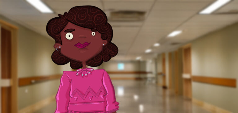 Ilustração da personagem Lúcia em um corredor de hospital, representando a campanha de doação de sangue no Dia Mundial do Doador.