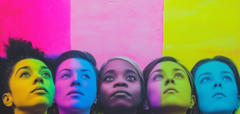 LGBTI+ : A imagem mostra o rosto de cinco pessoas, todas olhando para cima com expressões de esperança e determinação. As faces estão iluminadas com diferentes cores vibrantes que se fundem de maneira artística, criando um efeito visual impactante e dinâmico. Da esquerda para a direita: A primeira pessoa tem pele escura e cabelo cacheado, seu rosto está iluminado com tons de verde e amarelo. A segunda pessoa tem pele clara e cabelo escuro, seu rosto está iluminado com tons de azul. A terceira pessoa tem pele escura e cabelo curto e claro, seu rosto está iluminado com tons de rosa. A quarta pessoa tem pele clara e cabelo escuro, seu rosto está iluminado com tons de verde e amarelo. A quinta pessoa tem pele clara e cabelo escuro, seu rosto está iluminado com tons de azul. O fundo da imagem é composto por faixas de cores fortes, incluindo rosa, amarelo, azul e verde, que criam um contraste vibrante com os rostos das pessoas. A imagem transmite uma sensação de diversidade, unidade e esperança, destacando a beleza da inclusão e da diversidade de experiências e identidades.