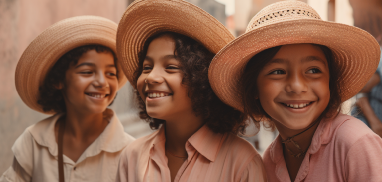três meninas sorrindo de chapeu e camisa