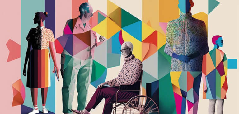 tipos de deficiência: uma colagem toda colorida em quadriculados, com uma mulher, um homem, homem de cadeira de rodas. sobre de uma homem com mão juntas e um menino;