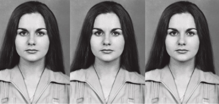 foto 3x4 repetida 3 vezes, a foto é preto e branca e retrata Maria da Penha, a mulher que da nome a lei contra violência contra a mulher