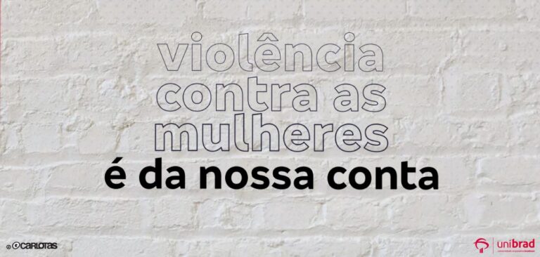 fundo de tijolo branco com frase " violência contra as mulheres é da nossa conta"