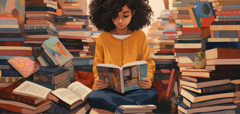 Dia do Livro: Uma menina negra lendo livros ela está sentada e atras tem uma pilhas de livros.
