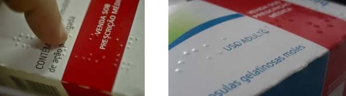 Abril - Duas fotos a primeira tem um dedo tatiando braille numa caixa de remedio e outra apenas a embalagem da caixa de remedio. 