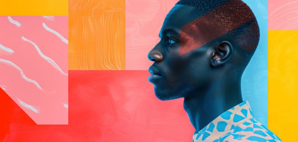 Junho: Mês do Orgulho LGBTI+ e da Empatia nas Organizações: A imagem mostra um retrato de perfil de um homem negro contra um fundo colorido e abstrato. O homem tem pele de um tom de azul escuro brilhante e está olhando para a direita. Ele usa uma camisa com um padrão geométrico de azul e branco. O fundo é dividido em várias seções de cores brilhantes e contrastantes, incluindo amarelo, laranja, rosa e azul claro. Cada seção tem diferentes texturas e padrões, como linhas onduladas brancas sobre o fundo rosa e laranja, e formas geométricas sobre o fundo azul claro. A composição é moderna e artística, combinando a imagem realista do homem com o fundo abstrato e vibrante, criando um contraste interessante e visualmente atraente.