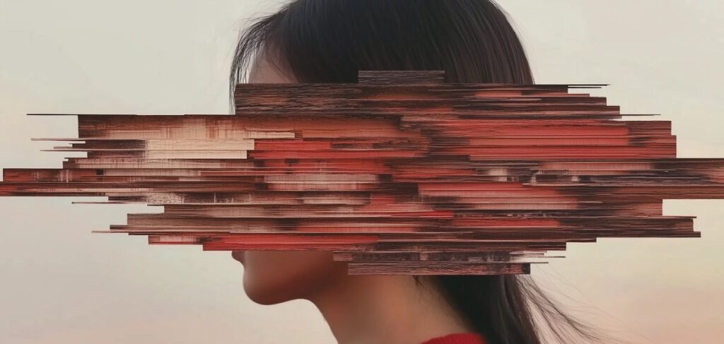 CAPA - texto GUIA Assédio : A imagem mostra o perfil de uma mulher com cabelo escuro e liso, vestindo uma blusa vermelha. A parte central do rosto dela está distorcida por uma série de linhas horizontais que parecem ser um efeito de glitch digital, criando uma aparência fragmentada e pixelada. Essa distorção cobre seus olhos, nariz e boca, tornando difícil ver suas expressões faciais. O fundo da imagem é simples e neutro, provavelmente um céu claro, o que faz com que a distorção no rosto da mulher se destaque ainda mais. A combinação do perfil sereno com a interrupção digital sugere uma mensagem de despersonalização ou ocultação, possivelmente relacionada a temas de identidade, silêncio forçado ou os efeitos do assédio e da violência psicológica. A imagem evoca uma sensação de desconexão e desumanização, simbolizando o impacto profundo que essas experiências podem ter na percepção de si mesmo e na comunicação com o mundo exterior.