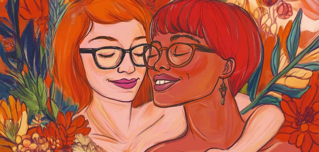 A imagem é uma ilustração vibrante e colorida de duas mulheres abraçadas, com um fundo cheio de flores estilizadas em tons quentes, como laranja, vermelho e amarelo. Ambas as mulheres estão sorrindo com os olhos fechados, transmitindo uma sensação de paz e carinho. A mulher à esquerda tem pele clara, cabelo laranja curto e usa óculos de armação preta. Ela tem um leve sorriso nos lábios, que estão pintados de rosa. A mulher à direita tem pele de tom mais escuro, cabelo vermelho curto e também usa óculos de armação preta. Ela exibe um sorriso maior e está usando um brinco pendente. A imagem é cheia de detalhes florais ao redor delas, sugerindo um ambiente de amor e harmonia.