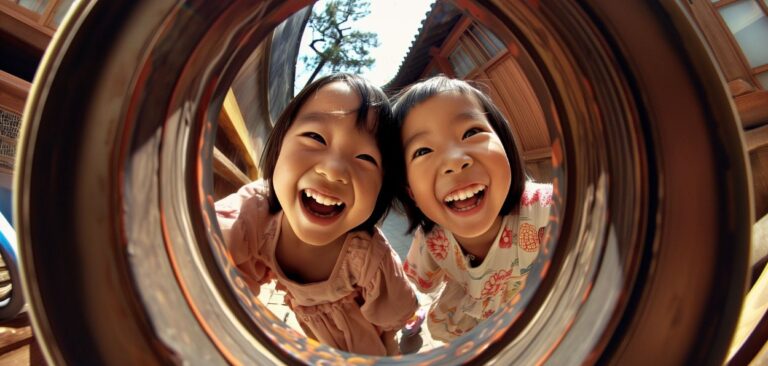 A imagem mostra duas meninas pequenas, sorridentes e alegres, vistas através de uma lente com efeito olho de peixe, que cria uma distorção arredondada. Ambas estão de cabelos curtos, pretos e vestidas com roupas coloridas e estampadas. A menina à esquerda usa um vestido rosa, enquanto a da direita veste uma roupa com estampas florais e listradas em tons de branco, vermelho e laranja. Elas estão muito próximas da câmera, o que destaca seus sorrisos largos e expressões de alegria. Ao fundo, há uma construção de madeira com estilo tradicional japonês, sugerindo que a cena ocorre em um ambiente ao ar livre, possivelmente em um jardim ou pátio. A luz do sol ilumina suavemente a cena, realçando o clima de felicidade e diversão.