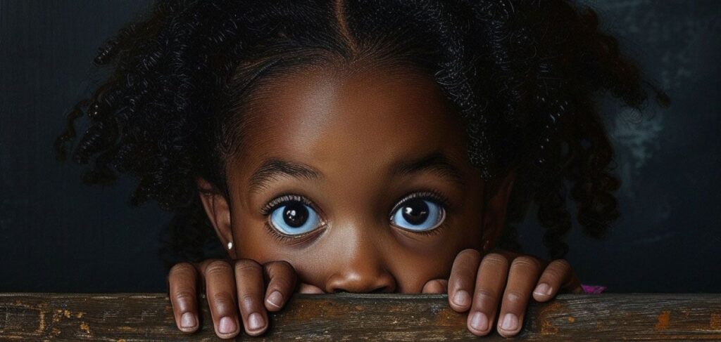 A imagem mostra uma menina negra, com grandes olhos expressivos e curiosos, olhando diretamente para a câmera. Ela está apoiando as mãos em uma superfície de madeira desgastada, como se estivesse espiando por cima dela. Seu cabelo é crespo, com cachos bem definidos que enquadram seu rosto. A expressão da menina é de curiosidade e talvez um pouco de timidez, com os olhos bem abertos, que são o foco central da imagem. O fundo é escuro, o que realça ainda mais o brilho nos olhos e a pele da criança. A composição da imagem transmite uma sensação de inocência e introspecção.