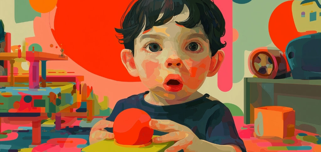 Ilustração de criança brincando com bola vermelha - Exploração Sensorial na Primeira Infância