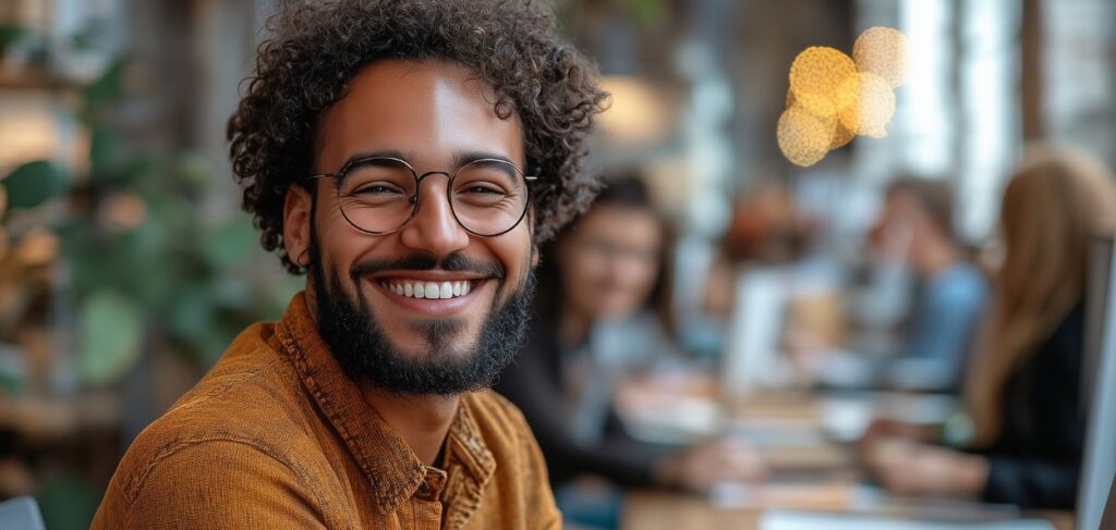 A imagem mostra um homem jovem, de cabelos cacheados e barba, usando óculos redondos e sorrindo de forma amigável. Ele está vestindo uma camisa de cor marrom claro, e parece estar em um ambiente casual, possivelmente um café ou escritório colaborativo. Ao fundo, há outras pessoas desfocadas, provavelmente trabalhando ou conversando, criando um ambiente descontraído e produtivo. O espaço tem uma iluminação suave e aconchegante, com detalhes de luzes decorativas, que adicionam um toque acolhedor à cena. A expressão do homem transmite simpatia e acolhimento, reforçando uma sensação de pertencimento e conexão no ambiente. Texto sobre O Poder do Pertencimento