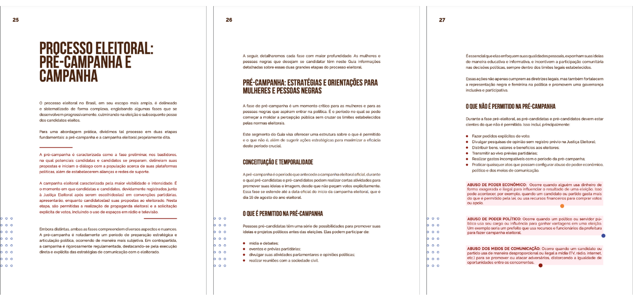 A imagem mostra três páginas de um documento sobre o processo eleitoral, com foco na pré-campanha e campanha no Brasil. O conteúdo está estruturado de forma clara, com títulos em destaque e explicações detalhadas sobre o que envolve cada fase do processo. Aqui está um resumo do conteúdo de cada página: Página 25: Título: "Processo Eleitoral: Pré-Campanha e Campanha". O texto explica que o processo eleitoral no Brasil é complexo, dividido em fases, que culminam na eleição e posse dos eleitos. A pré-campanha é caracterizada como a fase preliminar, nos bastidores, onde candidatos começam a se preparar, definir propostas e estabelecer alianças, enquanto a campanha propriamente dita envolve maior visibilidade e intensidade. Página 26: Título: "Pré-Campanha: Estratégias e Orientações para Mulheres e Pessoas Negras". Explicações sobre a importância da pré-campanha para mulheres e pessoas negras que buscam entrar na política. Detalha o que é permitido e o que não é permitido durante essa fase, com foco em ações que podem ajudar essas candidatas a ganharem visibilidade de forma legal. Página 27: O que não é permitido na pré-campanha: Aqui são listadas as atividades proibidas durante a pré-campanha, como fazer pedidos explícitos de voto e distribuir brindes. Além disso, são destacados abusos de poder econômico, político e dos meios de comunicação. Este material parece ser um guia voltado para a orientação de mulheres e pessoas negras, auxiliando-as a navegar pelas fases do processo eleitoral de maneira informada e eficaz, além de garantir o cumprimento das regras e evitar práticas ilegais.