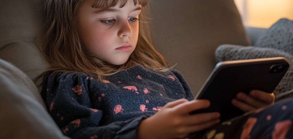 Uma menina com cabelos castanhos lisos e franja, vestindo uma blusa azul escura com estampa floral, está sentada em um sofá segurando um tablet preto. Ela parece concentrada enquanto olha para a tela, refletindo o tema do impacto das telas no desenvolvimento infantil. A luz ambiente é suave, sugerindo um ambiente tranquilo e doméstico.