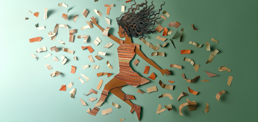 Ilustração de uma figura feminina em movimento, com expressão introspectiva e braços estendidos, cercada por fragmentos de papel desordenados ao seu redor, sobre um fundo verde claro. A imagem evoca uma sensação de fragilidade e vulnerabilidade, representando a luta e a dor de crianças que sofrem violência.