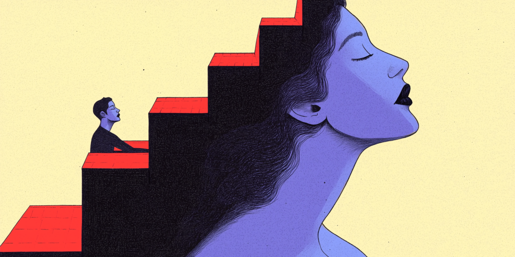 Ilustração de uma mulher de olhos fechados, atras de sua cabeça tem uma escada e um homem em um dos degraus também de olhos fechados