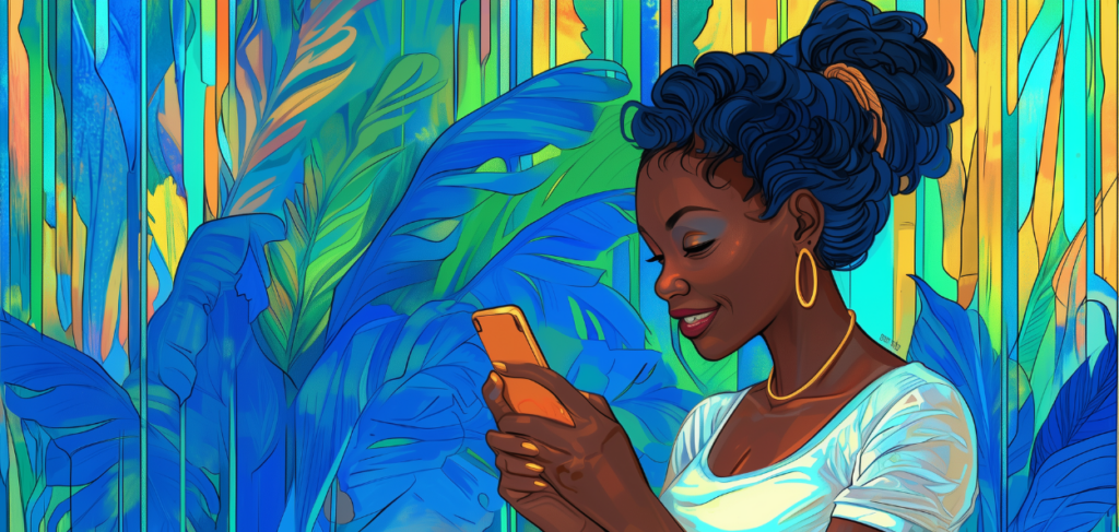 mulher negra olhado para seu celular lendo artigos de Carlotas, num fundo ilustrado azul, verde e amarelo