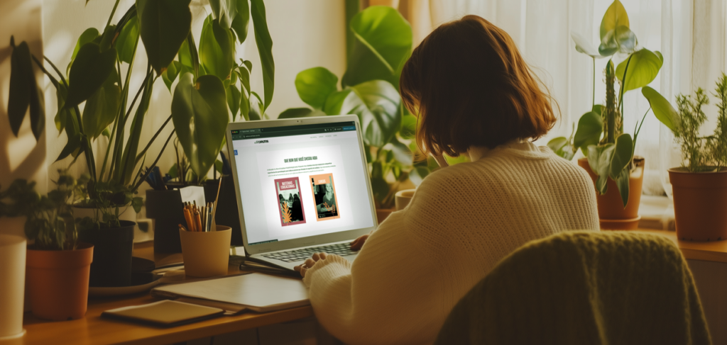 Uma mulher de cabelos curtos, usando um suéter branco, está sentada em uma mesa de trabalho cercada por diversas plantas em vasos. Ela está utilizando um laptop, cuja tela exibe opções de livros ou materiais educacionais. O ambiente é iluminado por luz natural que entra por uma janela com cortinas claras, criando uma atmosfera acolhedora e tranquila.