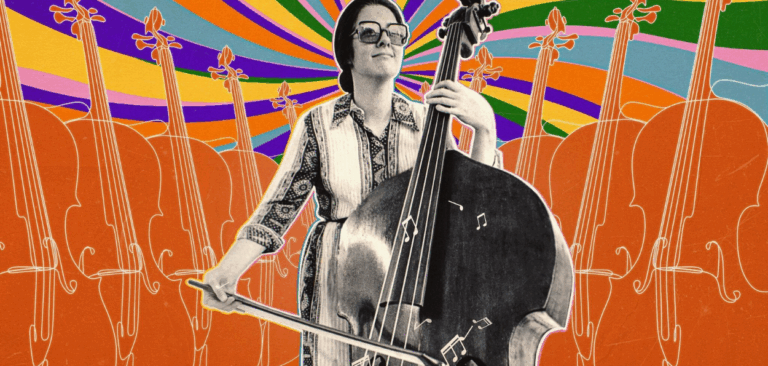 Colagem colorida de uma mulher, da contrabaixista Orin O'Brien, tocando contrabaixo em frente a uma fileira de instrumentos desenhados, com fundo psicodélico vibrante.