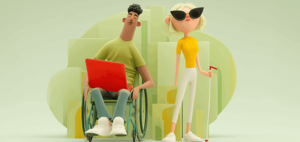 Ilustração de homem cadeirante com notebook e mulher com bengala, representando inclusão e acessibilidade no trabalho com apoio da tecnologia.