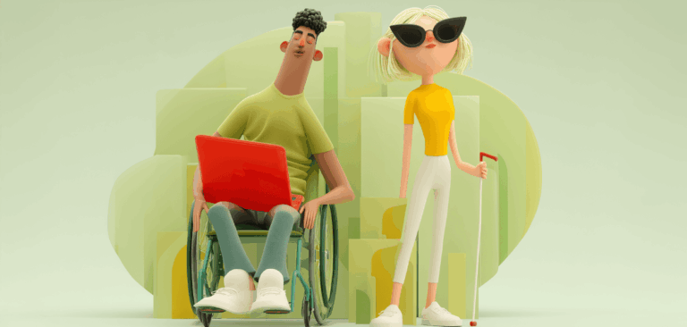 Ilustração de homem cadeirante com notebook e mulher com bengala, representando inclusão e acessibilidade no trabalho com apoio da tecnologia.