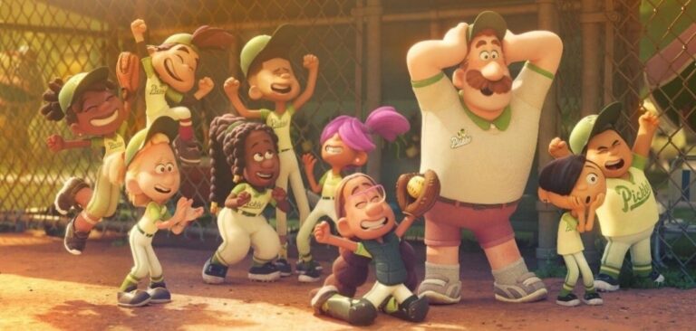 Time de beisebol infantil vibrando com treinador ao fundo, cena animada do filme Ganhar ou Perder. Série Ganhar ou Perder: amizade, emoção e diferentes visões