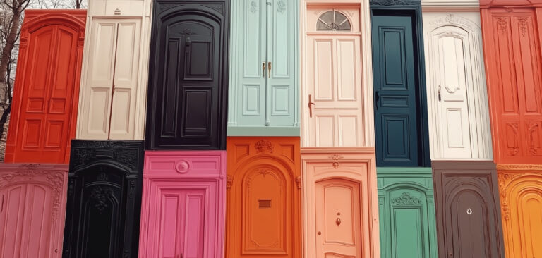 Portas de diversas cores e alturas simbolizando os diferentes marcadores sociais