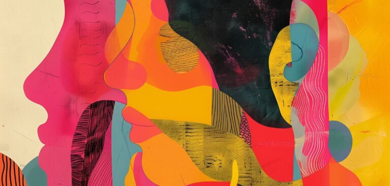 Arte colorida com perfis humanos entrelaçados, simbolizando presença, diversidade e o tempo presente. Mulheres Jovens na Liderança: desafios e potência no presente