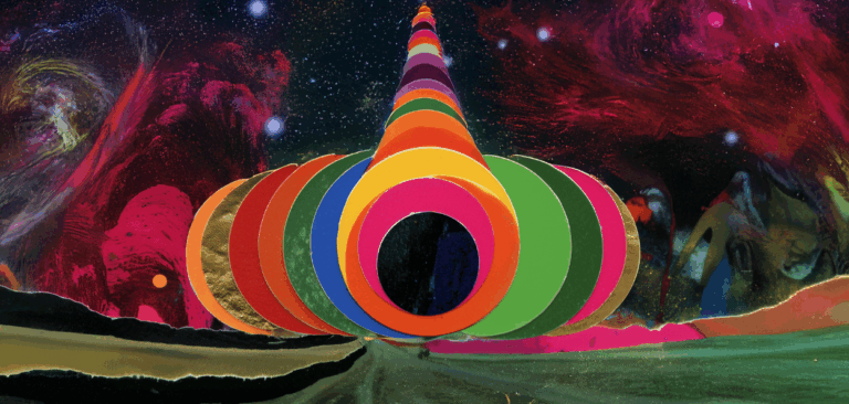 Túnel colorido em espiral no universo, representando jornada interior e conexão espiritual. Teoria do Fruto de Carvalho: seu chamado e vocação na vida