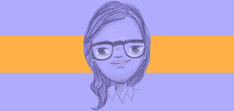 Ilustração de uma mulher de óculos e cabelos de lado. Fundo roxo com linha larajana/ Algoritmos, Violência e Juventude: impactos e soluções sociais