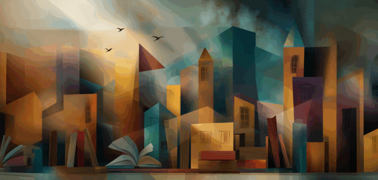 Ilustração de cidade formada por livros e casas, com luz suave e pássaros no céu; representa liberdade de pensamento e educação crítica.