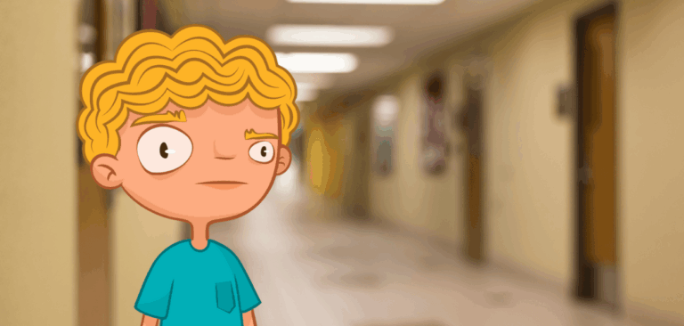 Benicio na frente de um corredor da escola vazio