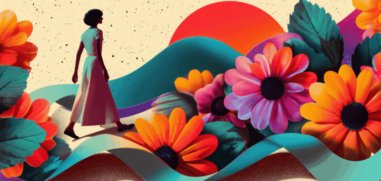 Ilustração de uma mulher caminhando entre flores gigantes ao pôr do sol, representando a solidão como espaço de encontro e presença – tema do artigo “Estar Só Não É Estar Vazia”.