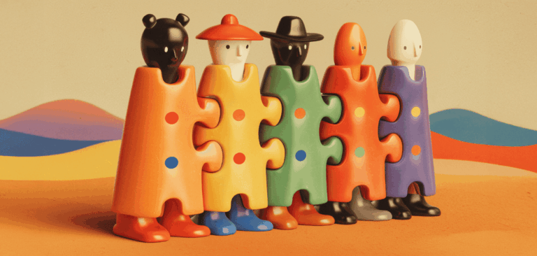 Seis figuras estilizadas com corpos em formato de peças de quebra-cabeça interligadas, representando diversidade, conexão e empatia em cenário colorido e acolhedor.