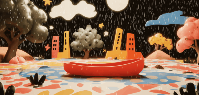 Ilustração lúdica com árvores, prédios, barco vermelho e chuva intensa à noite, representando o tema “Resgate Inclusivo, Deficiências e Desastres Climáticos”.