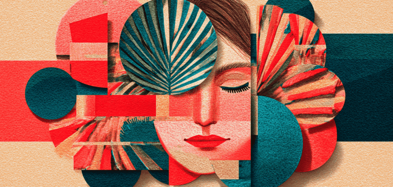Ilustração colorida de um rosto feminino com olhos fechados em meio a formas geométricas e folhas tropicais, representando o tema do artigo “Saúde Social: Estamos nos Afastando Uns dos Outros”.