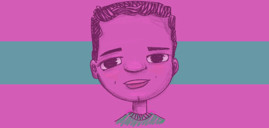 Ilsutração de fundo rosa com rosto de homem desenhando também em rosa. Uma faixa verde cruza o meio