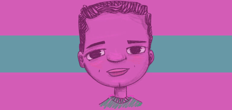 Ilsutração de fundo rosa com rosto de homem desenhando também em rosa. Uma faixa verde cruza o meio