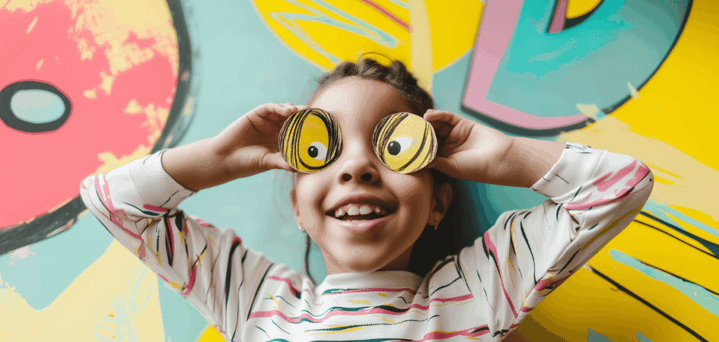 Criança sorridente brincando com olhos de papel em frente a mural colorido, representando o Estatuto da Criança e do Adolescente e o direito ao brincar.