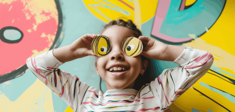Criança sorridente brincando com olhos de papel em frente a mural colorido, representando o Estatuto da Criança e do Adolescente e o direito ao brincar.