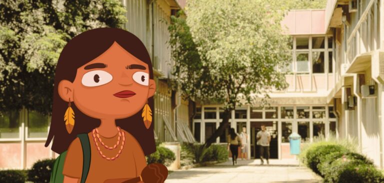 Yunã e a força ancestral indígena nas cidades. Uma menina de cabelo escuro liso e brincos de penas