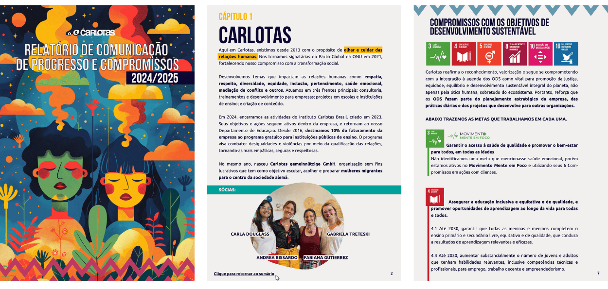 3 Paginas do Relatório de comunicação de progresso Carlotas